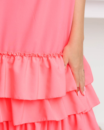 Neon pink women's dress with straps with frills - Clothing