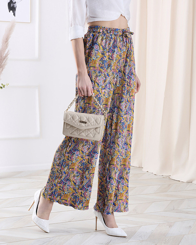 Women's patterned wide-leg pants in yellow- Clothing
