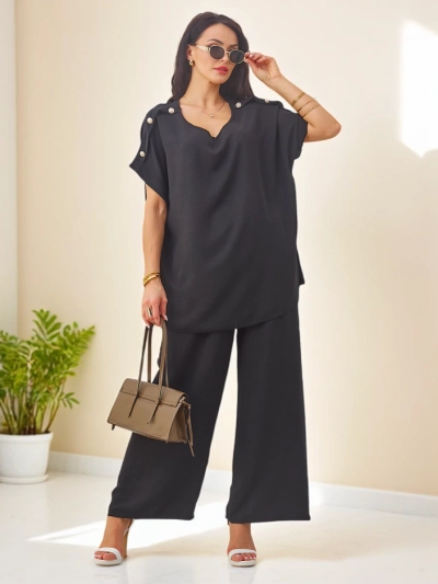 Royalfashion Women's cotton set with short sleeves and wide pants