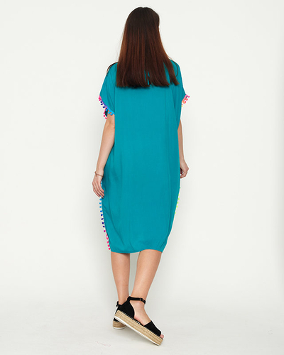 Women's green summer beach tunic with pompoms - Clothing