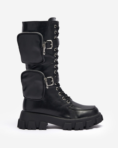 Melni strādnieku zābaki ar dekoratīvām paciņām virspusē Sello- Footwear