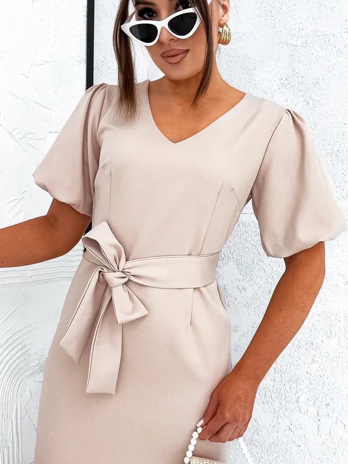 Royalfashion Women's mini dress with puff sleeves and V neckline