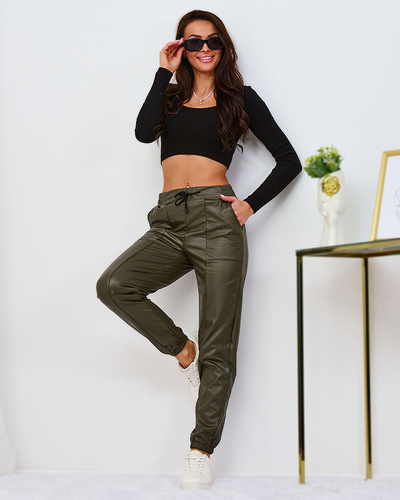 Royalfashion Fleece-lined women's eco leather pants in green