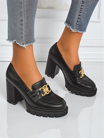 Women's Nero Aurora block heel pumps with a gold buckle, eco leather