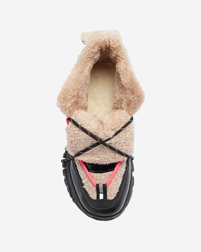 Черные женские спортивные кроссовки с мехом и неоново-розовыми шнурками Adbo- Footwear