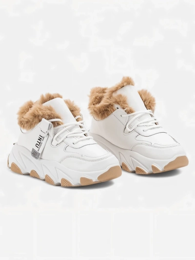 Women's white sports sneakers with Nonua fur - Footwear