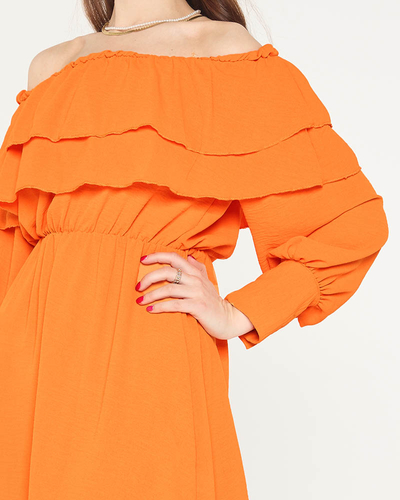 Women's Orange Short Dress with Ruffles- Clothing