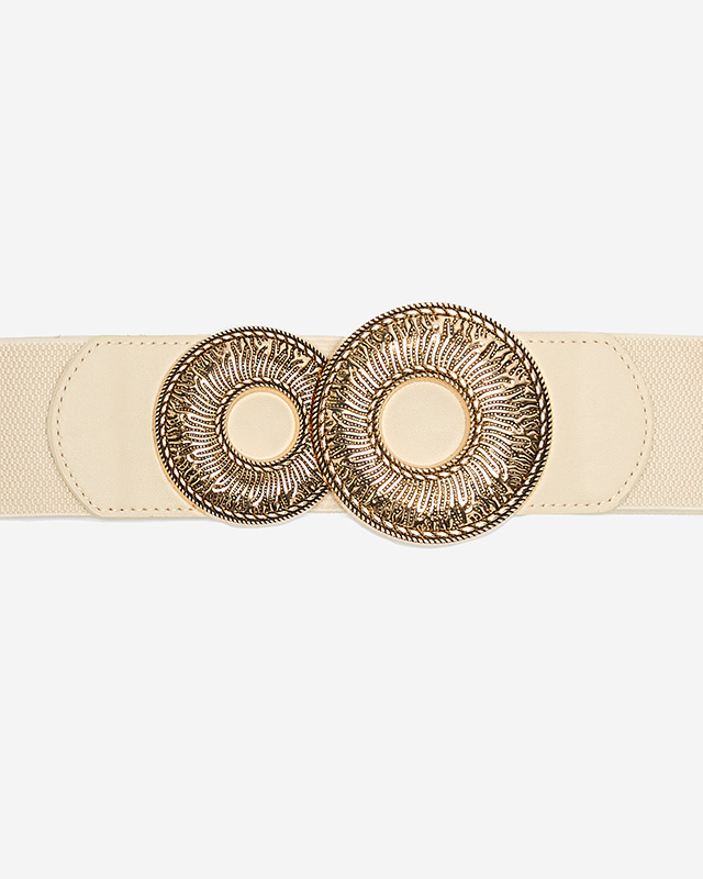 Beige elastic belt with a large golden buckle - Accessories