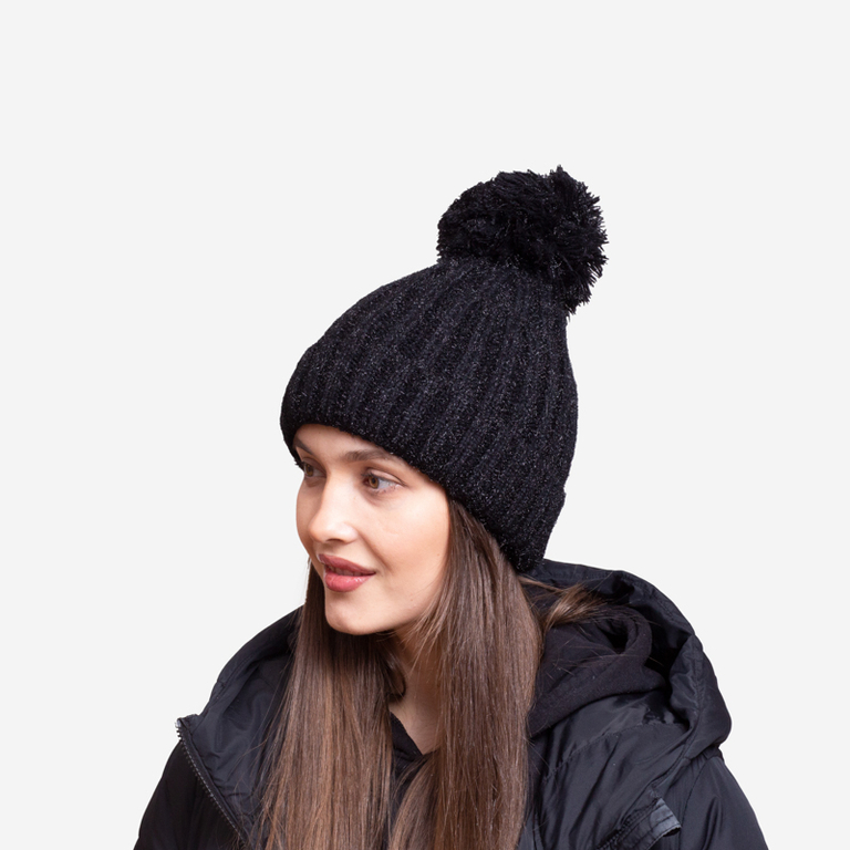 Black women's insulated glossy beanie with pompom - Accessories
