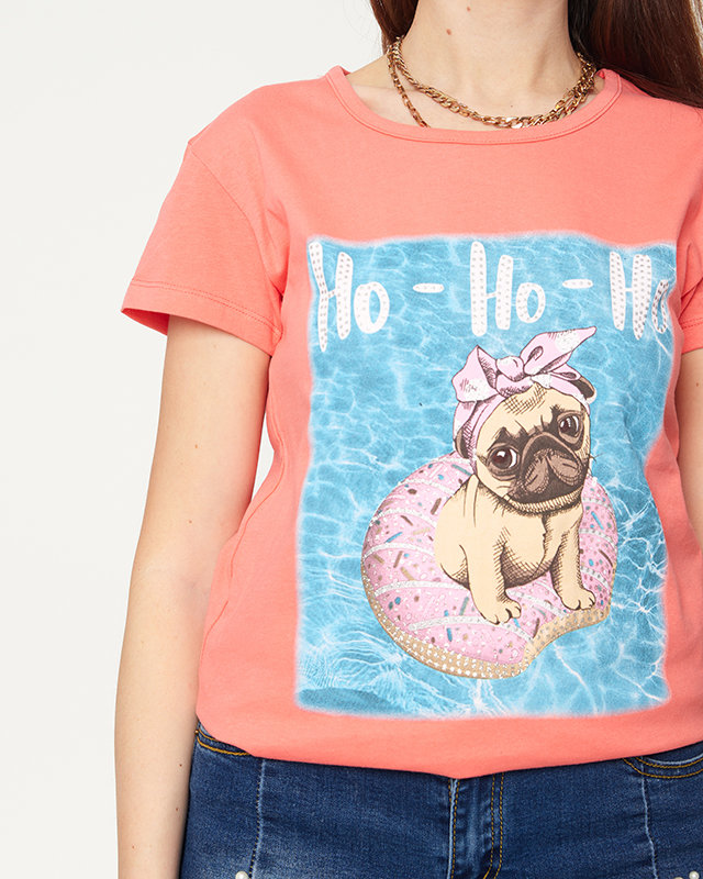 Women's coral t-shirt with a dog print - Clothing