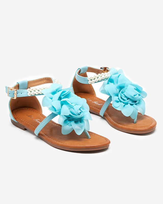OUTLET Blue women's sandals with pearls and fabric flower Amerile - Footwear