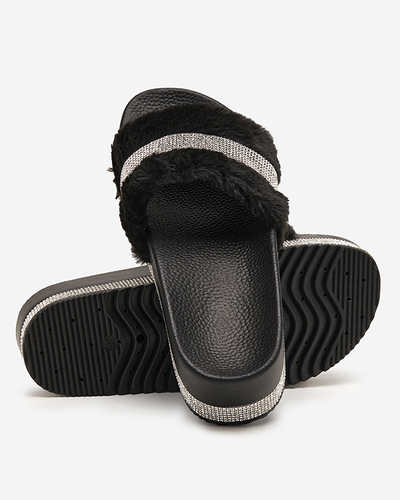 Black women's slippers with fur and cubic zirconia Zerika - Footwear