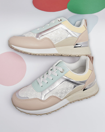 Women's beige and pink lace-up sports shoes Mnerio- Footwear