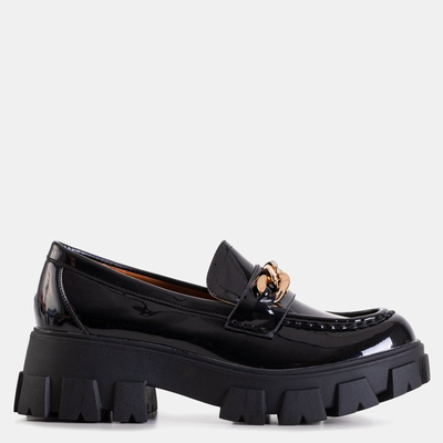 OUTLET Women's black lacquered slip on shoes with a chain Guinewra - Footwear