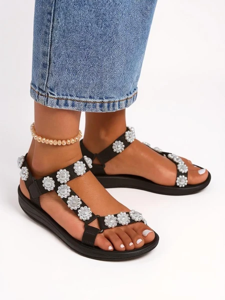 Royalfashion Perseida women's black platform sandals with pearls