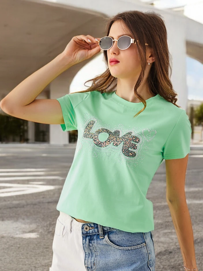 Royalfashion Women's Cotton T-shirt LOVE with Rhinestones