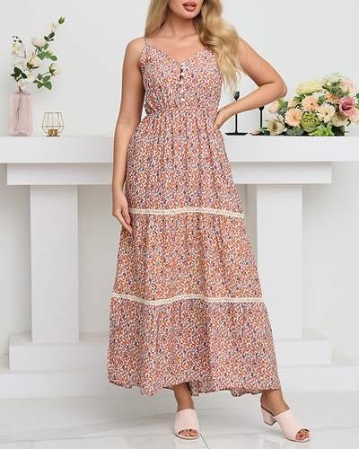 Women's orange long dress with colorful flowers - Clothing