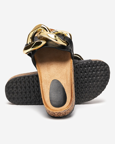 Ariadne Royalfashion summer slippers with a large gold chain, black leather