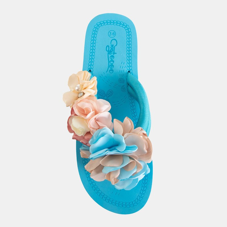 Blue flip flops with decorative flowers Flores - Footwear