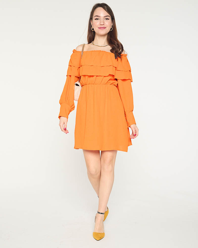 Women's Orange Short Dress with Ruffles- Clothing
