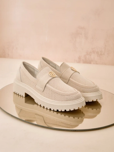 Callista beige women's loafers made of eco-suede on a 4 cm flat sole