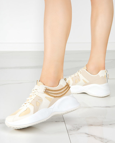OUTLET Ladies' beige sneakers with a hidden wedge and a Kermona chain - Footwear