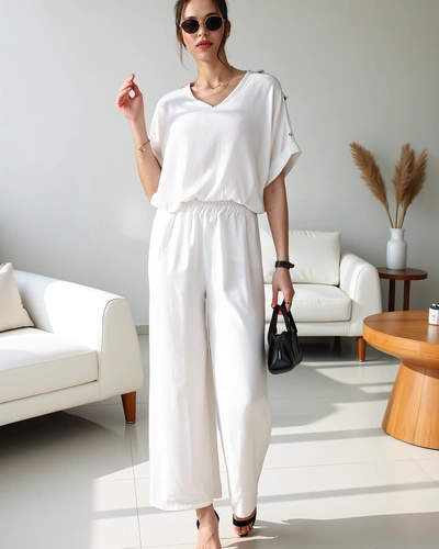 Royalfashion Sieviešu ikdienas komplekts ar īsām piedurknēm un platām biksēm