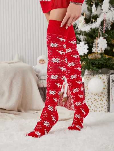 Royalfashion Women's Christmas over-the-knee socks in red