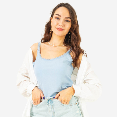 Blue women's t-shirt with lace on the straps - Clothing