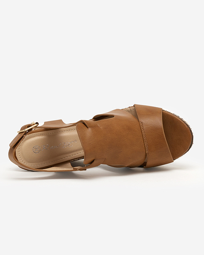 OUTLET Light brown women's sandals on a high wedge heel Clack - Footwear