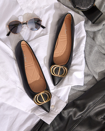 Sieviešu melnas un zelta smailas balerīnas ar ornamentu purngalā Manico - Apavi