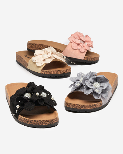 OUTLET Black women's slippers with fabric flowers Serine - Footwear