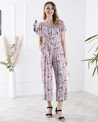 White and pink long floral patterned women's jumpsuit - Clothing