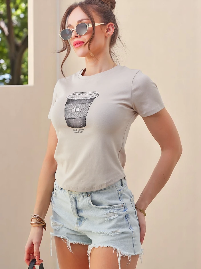 Royalfashion Sieviešu kokvilnas T-krekls ar rhinestone apdruku