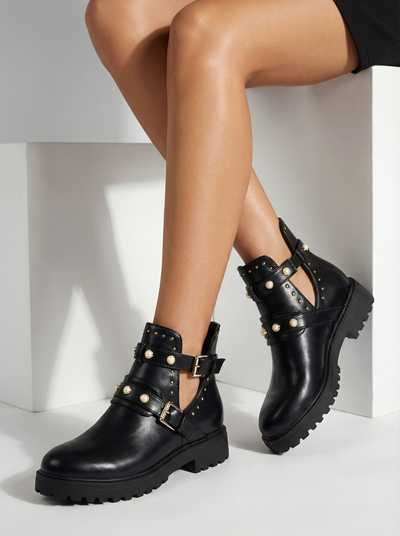 Royalfashion Melni sieviešu zābaki melnā krāsā ar rotājumiem Pērļu elegance