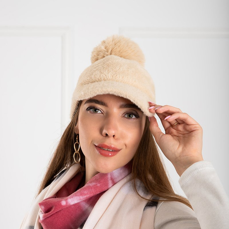 Beige women's cap with a pompom - Caps