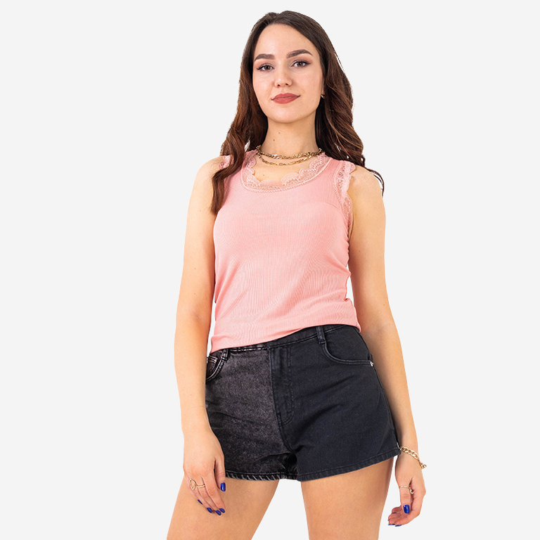 Women's coral t-shirt with lace straps - Clothing