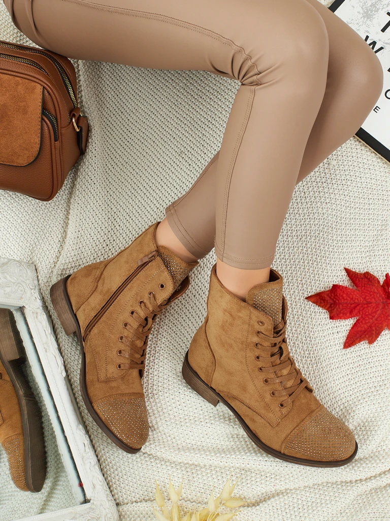 Eco-suede laced women's ankle boots with zircons Marvelli