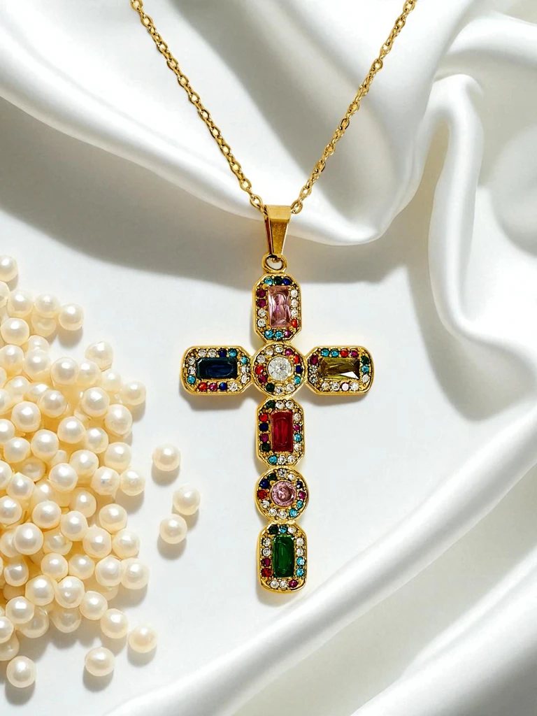 Aurelia Lux Colorful Cross Gold Glamour Necklace with Stones