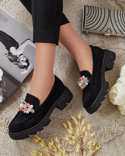 Royalfashion Черные женские мокасины с разноцветными кристаллами Glam