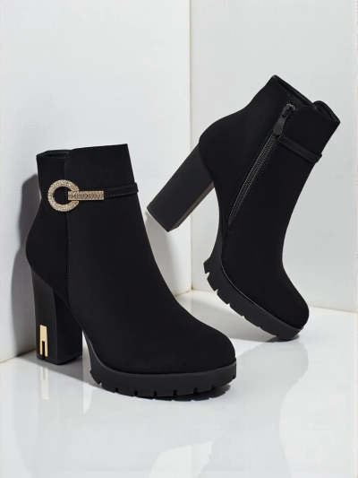 Women's Matte Heeled Ankle Boots with Zircon Decoration Mirone