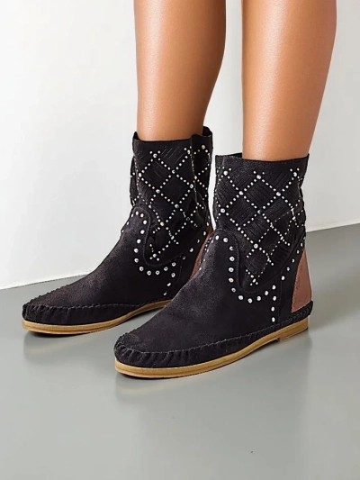 Royalfashion Sieviešu potītes zābaki ar zemu wedge un studiem Indijas stilā