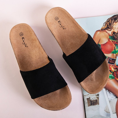 Women's black eco-suede slippers on a flat Silveria sole - Shoes