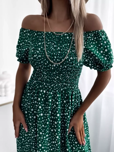 Зеленое женское платье-макси в горошек- Одежда