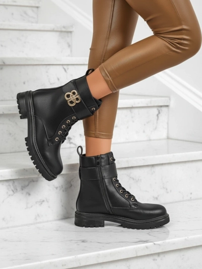 Artemisia Nero leather ankle boots with a round toe with zipper and gold buckle