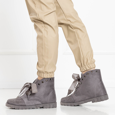 Grey women's boots with zircons laced with ribbon Segadi - Footwear