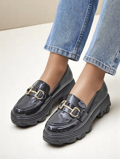 Royalfashion Patent Leather Women's Loafers with Decoration Black Velvet