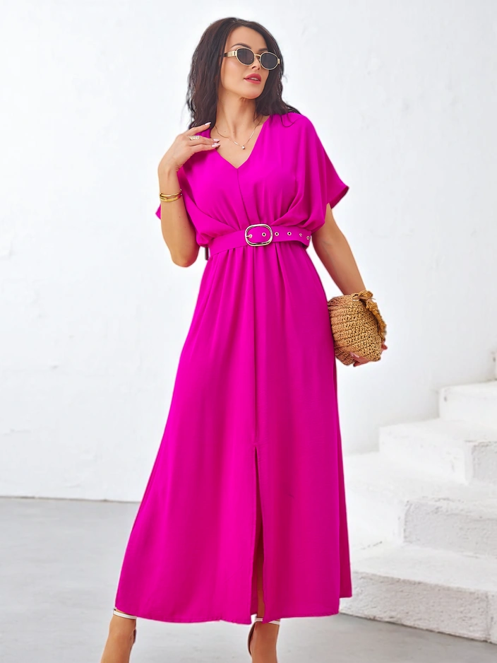 Royalfashion Sieviešu midi kleita ar īsām piedurknēm, V-veida kakla izgriezumu un centrālo šķēlumu