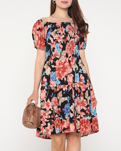 Black women's mini dress with flowers with open back - Clothing