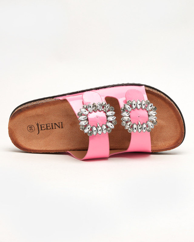OUTLET Pink women's flip-flops with decorated buckles Olimika - Footwear
